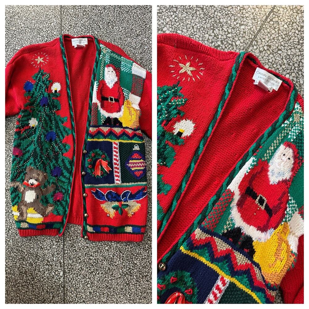 Vintage Ugly Christmas Sweater Red Santa Bears Jingle Bells Trees Hand Knitted M